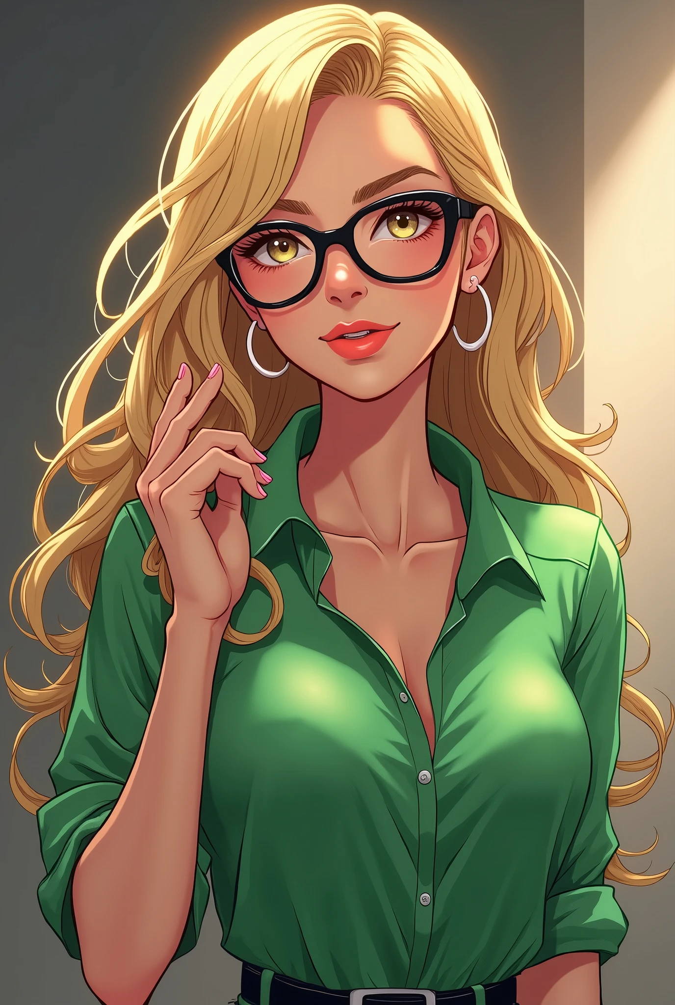 Trans tall beautiful woman with black glasses, blonde hair, big boobs and a green shirt. Anime