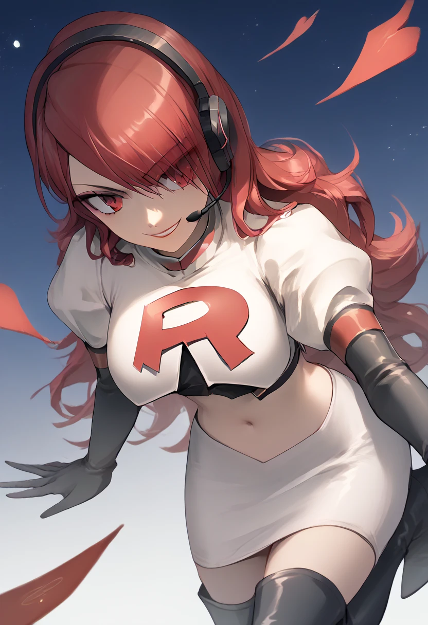 Team rocket, team rocket uniform, red letter R, white skirt,white crop top,black thigh-high boots, black elbow gloves, evil smile, night sky background, headset, large breasts, high-heeled boots, Mitsuru Kirijo, red hair, hair over one eye