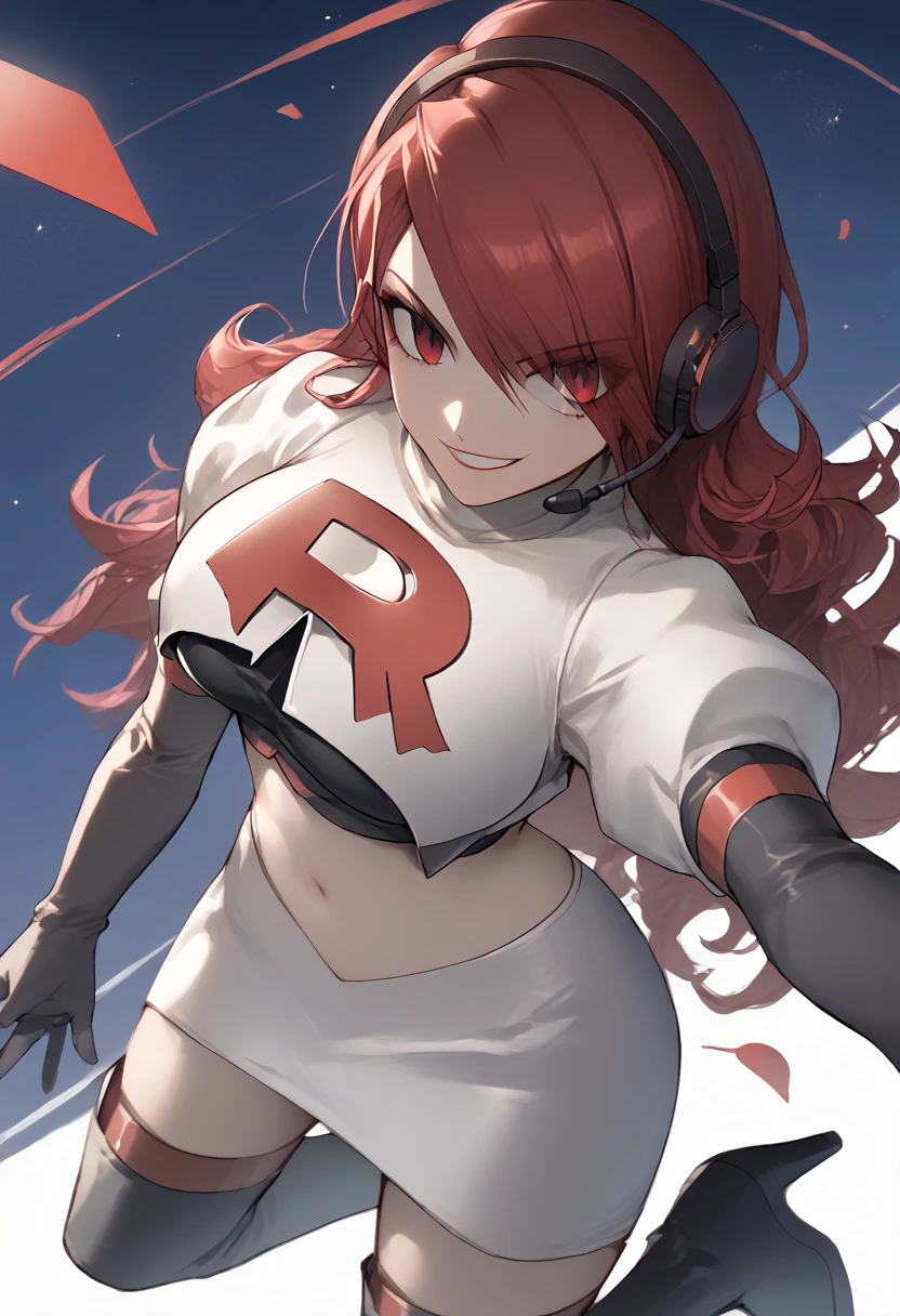 Team rocket, team rocket uniform, red letter R, white skirt,white crop top,black thigh-high boots, black elbow gloves, evil smile, night sky background, headset, large breasts, high-heeled boots, Mitsuru Kirijo, red hair, hair over one eye