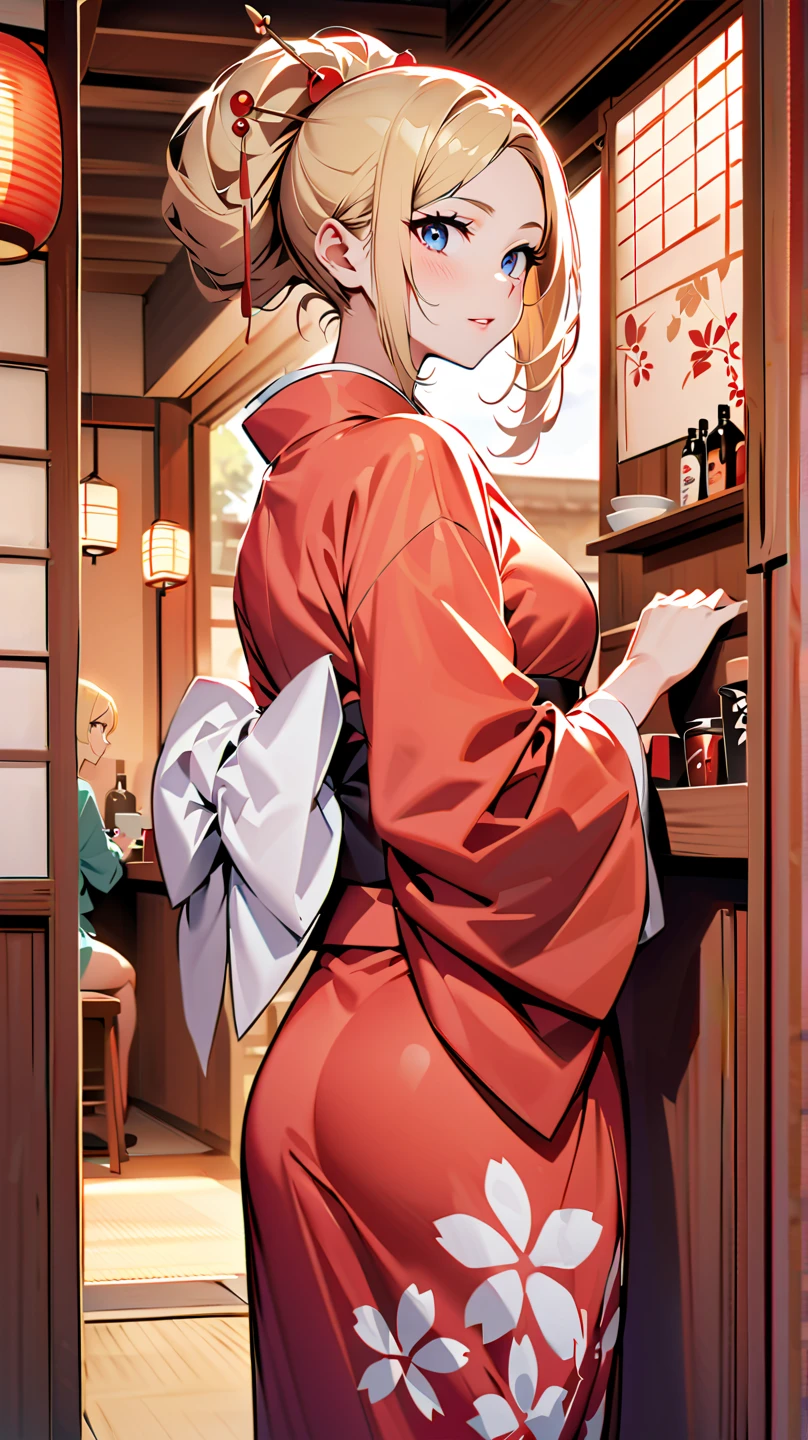 highest quality, masterpiece, super detailed face, lip details, fine eyes, beautiful young girl fuu, blonde hair with hair stick, dressed in kimono and high platform sandals, full body view, looking from back in Japanese restaurant 