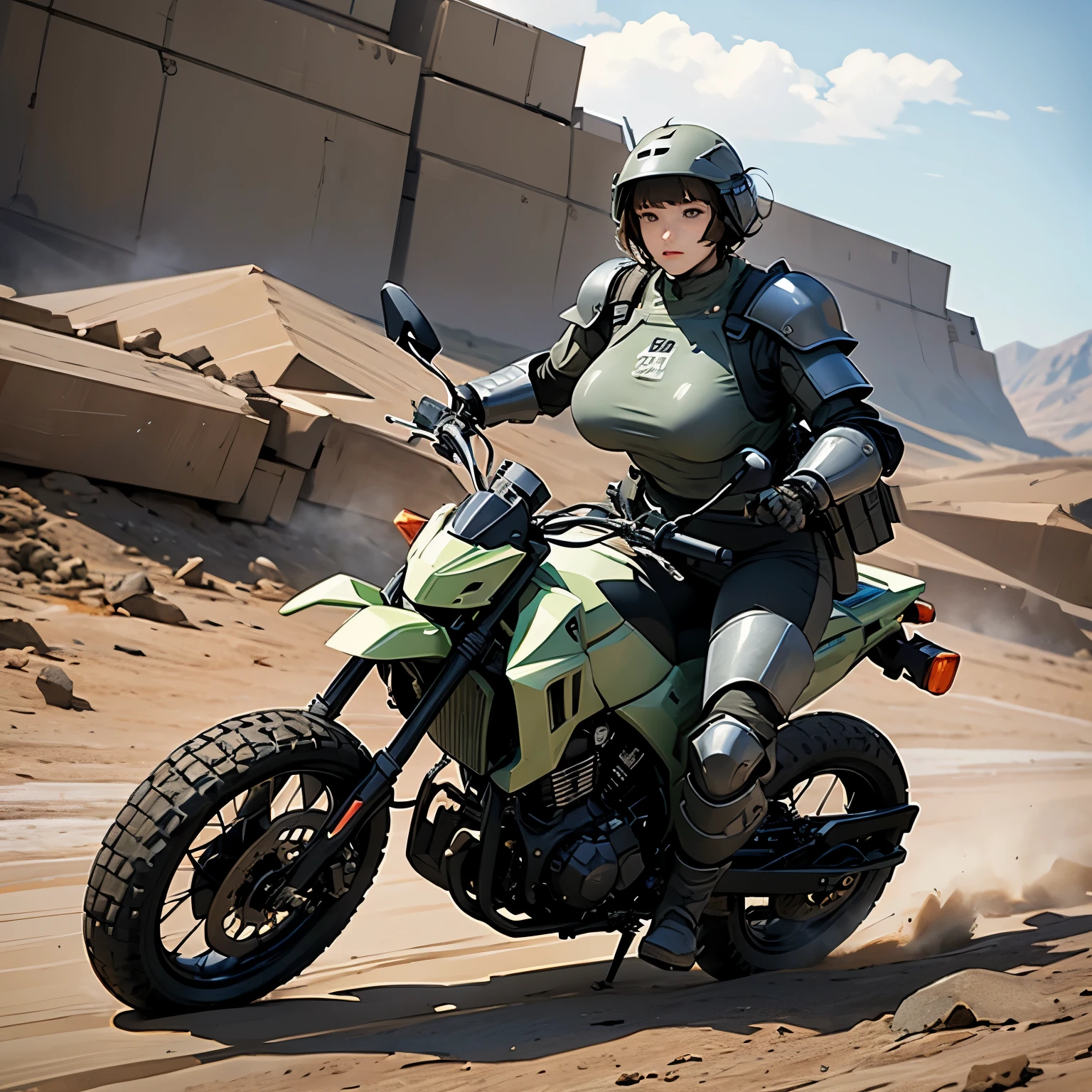 ((best quality)), ((masterpiece)), (detailed), ((best quality)), ((​masterpiece)), (detailed), Dystopian Australian wasteland, Mad Max , Desert, 1 Figure, sexy woman, heavy body armor,, in worn, damaged clothing, sunglasses, gas mask, motorcycle.