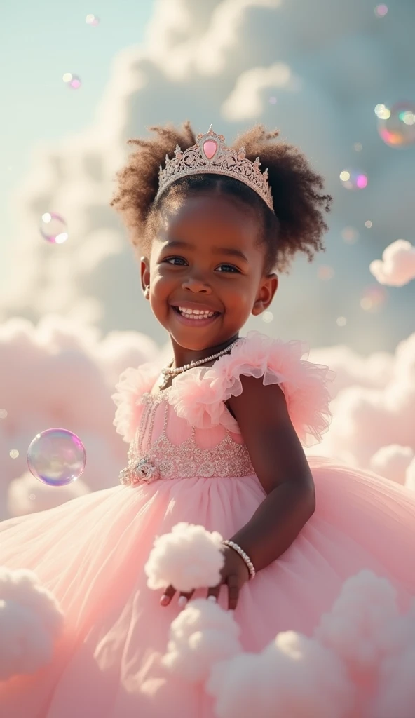 a 4 year old, of long curly hair, wearing a lilac pacifier and a lilac dress with a moon design, Your skin is mulatto