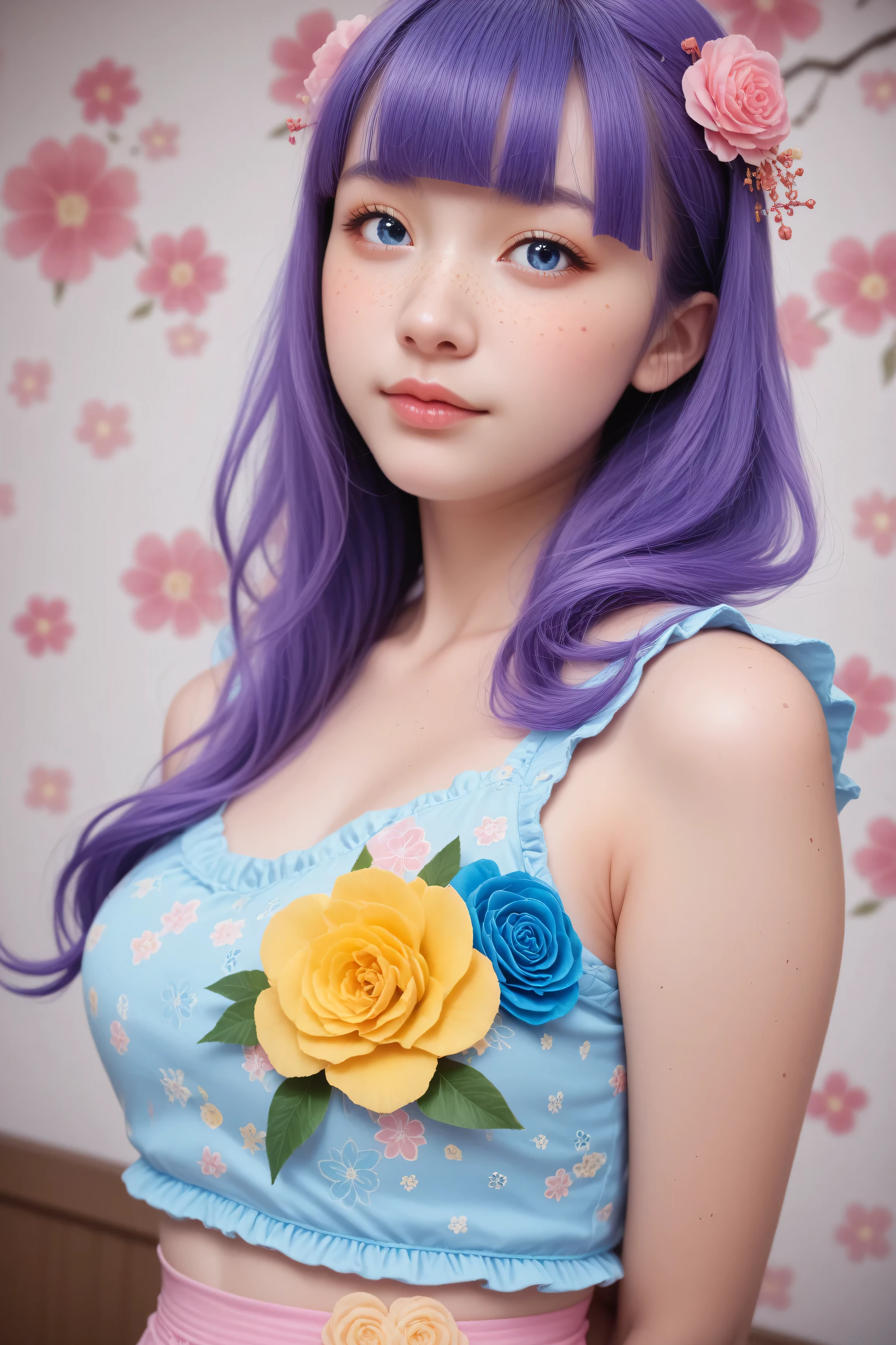 A mesmerizing surreal illustration of a young japanese woman. She has pastel purple hair with blunt bangs, blue eyes, and wears a vibrant purple and blue pastel colored outfit adorned with intricate floral patterns. Freckles dot her smooth, warm complexion, and bold, colorful tattoos cover her arms and legs. The tattoos feature traditional Japanese motifs like flowers and mythical creatures, rendered with meticulous detail in a pastel color palette. The background is a vintage floral-patterned wallpaper that complements the artwork's colors. The line work is precise, with delicate shading that gives the illustration a 3D quality. The artwork fuses modern illustration techniques with traditional Japanese aesthetics, resulting in a visually striking, portrait, arms behind back,