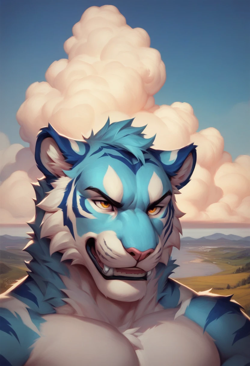 until, acrylic painting style , Artistic: A tiger,  random furey ,  blue fur ,  fluffy ,  on the body, Perfect anatomy, bulto, adult body,  wearing a braces , stopped,  legs spread, Serious, In day , clouds, celestial sky, In a very low take .