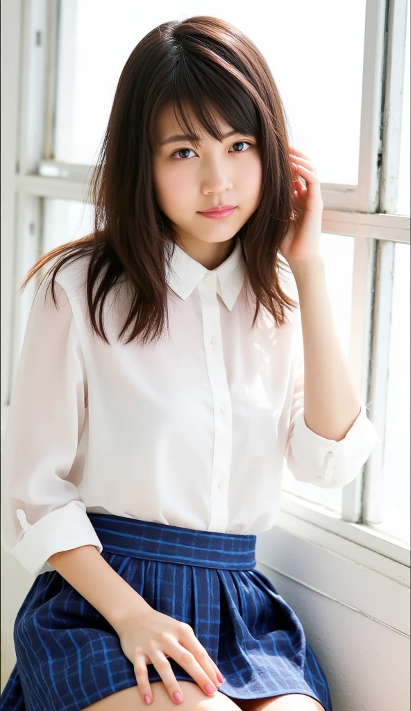 Alone、 natural body shape、 white skin、  natural makeup、 black hair、bangs、 long straight hair、、(barefoot、white blouse with loose chest、 blue plaid pleated skirt)、、( legs:1.3)、((The upper body is wearing a uniform))、((((( is staring at the camera)))))、(((whole body)))、((( thigh)))、bedroom、 on the bed、 sitting、(( focuses on her crotch ))
