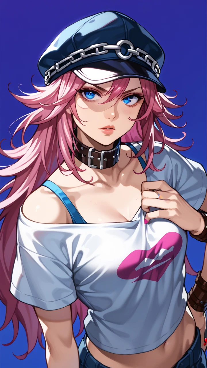 Female,Alone, high resolution,  Looking at the spectator,  simple background , hood, Sweatshirt, badass girl, sassy, hands in pocketsObra-prima,  best quality, score_9, score_8_above, score_7_above, to break, score_9, 1 ******, pink hair,  long hair, Pico cap , collar, t-shirt,  Silver Bracelet, off shoulder, nail polish, brown bracelet , bracelete,  Blue Eyes,  Looking at the spectator,light purple background ,close up