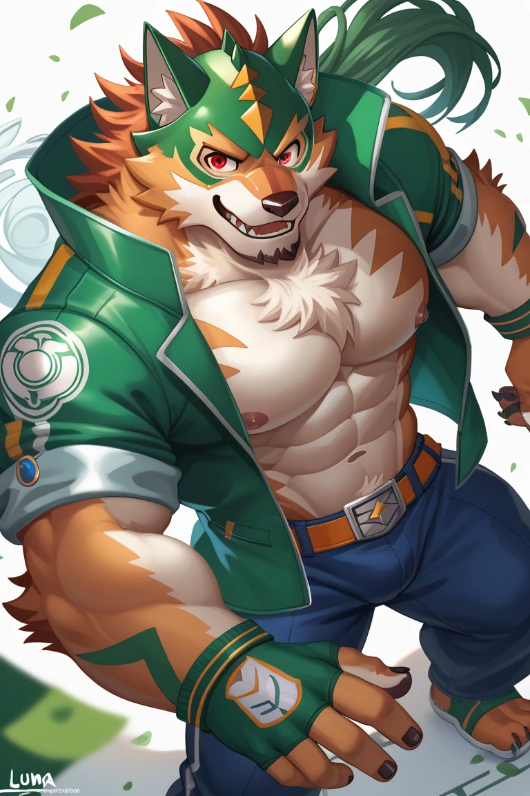 furry anime character with blue and green hair standing in a field with boxing gloves hanging around his neck, male furson, Male anthropomorphic wolf, comissão para high resolution, muscular, furson art, furson furry art commission, furson!!!!, high resolution, official artwork hdr, furson commission, furry furson, furry art!!!, wolf furson