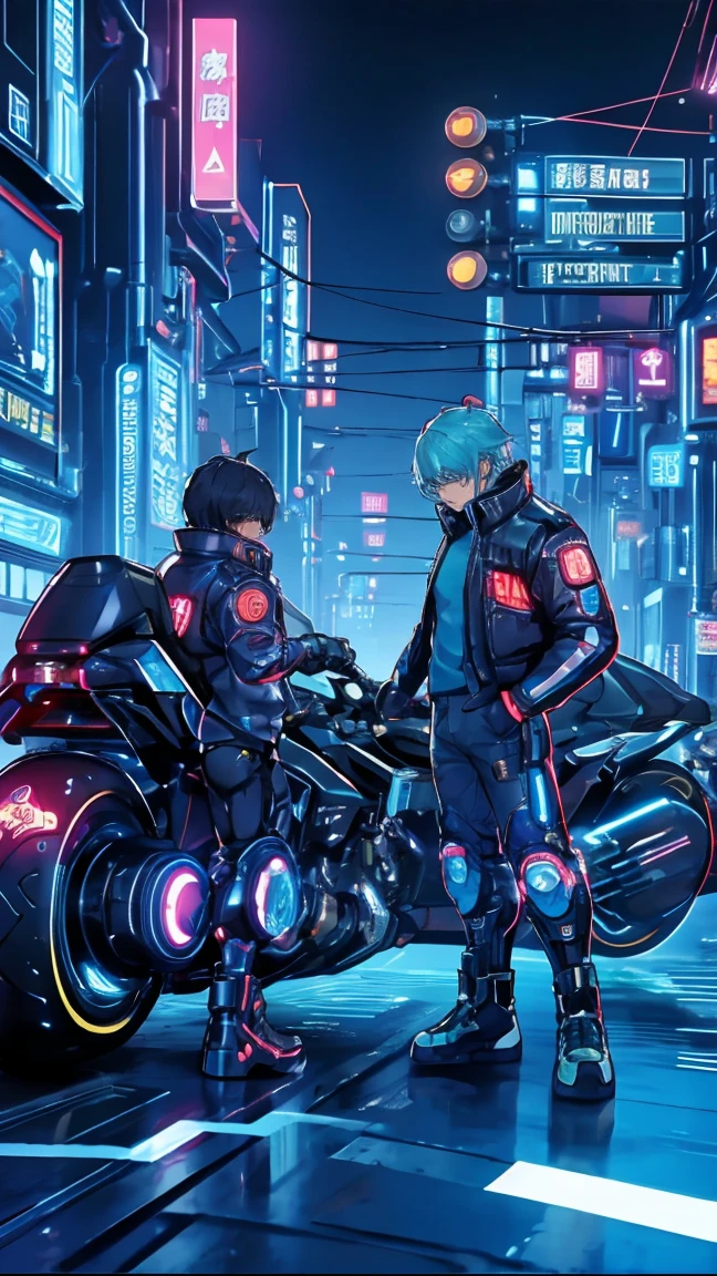 there are two men in  uniforms standing next to a motorcycle, dressed in tech suit and armor ,  cyberpunk服装,  cyberpunk, Network Service, Movie Blu-ray, 未来主义科技服装,  shooting in a space tech suit , 坐在 cyberpunk摩托车上, diverse Network Service, , , character design  man, 科技服装时尚,  cyberpunk套装, 驾驶未来主义摩托车