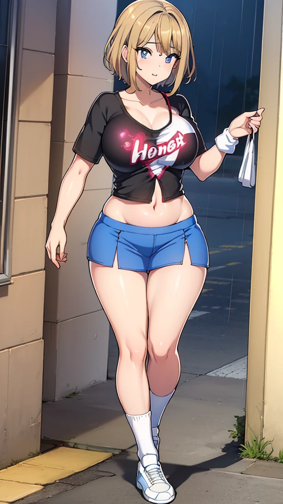 sunny.Clothes: (short T-shirt that shows your belly button), (((chest curtain))), (((Under chest is visible))), mini skirt, ((high socks on both legs)). Location: (Sidewalk with rain marks). ((walking)).Big Chest.((Anatomically correct)), (Highly detailed), (Ultra HD), (Highest quality), (High resolution), (Best quality), (One Person).