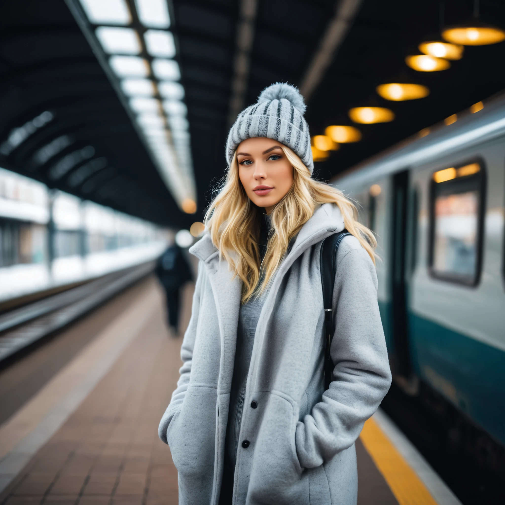 a professional portrait photography of a beautiful young blond woman standing in train station; detailed beautiful face; she wearing an fleece coat, sweatpants and gray wool hat; winter season; cozy atmosphere; diffused light; soft focus; depth of field; intricate detailed;