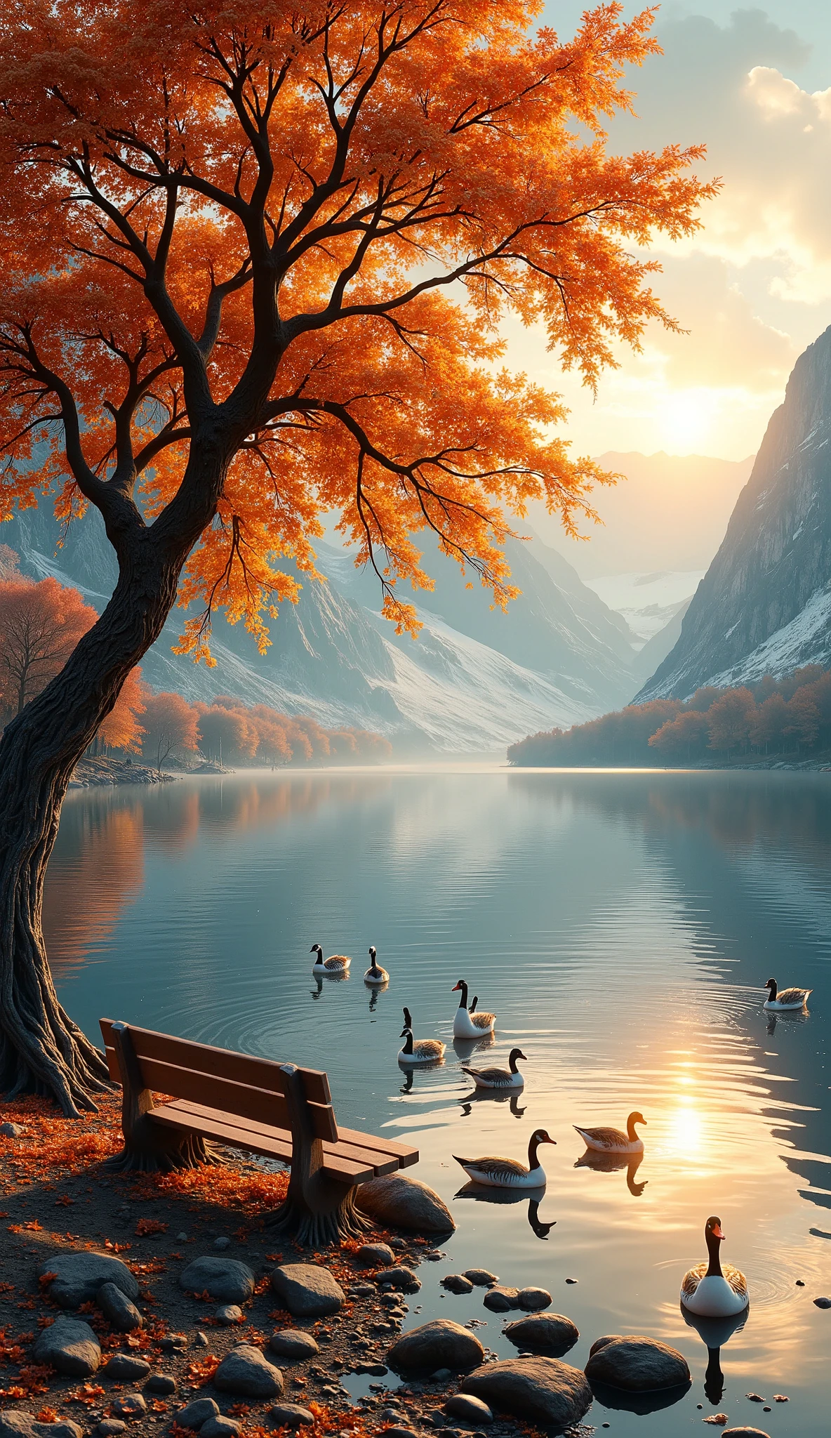 quiet lake,  photograph close up a tree on the shore of a lake, There is a bench ,  a beautiful lake reflecting beautiful mountains ,  at sunset , It&#39;s autumn,  the leaves of the tree in autumn colors ,  there are geese in the lake , chiaroscuro, depth of field, cinematic lighting, motion blur, UHD, Retina,  masterpiece , Accurate, Super detail, high details,  high quality ,  award winning , best quality, highres, 1080P, HD, 16K