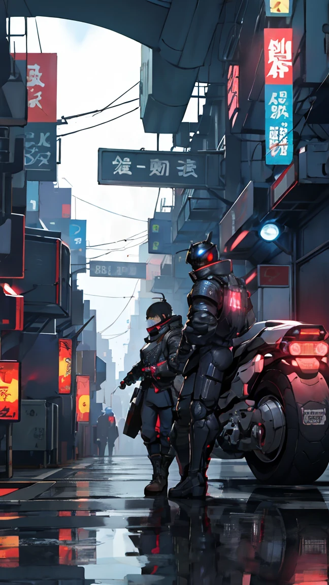 there are two men in  uniforms standing next to a motorcycle, dressed in tech suit and armor ,  cyberpunk服装,  cyberpunk, Network Service, Movie Blu-ray, 未来主义科技服装,  shooting in a space tech suit , 坐在 cyberpunk摩托车上, diverse Network Service, , , character design  man, 科技服装时尚,  cyberpunk套装, 驾驶未来主义摩托车