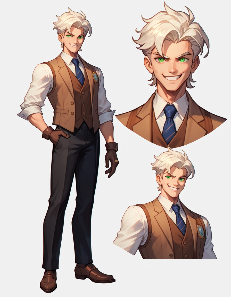 ( Mlp ) ,human Male , whiter  hair Style   , Green pupils ,Smug , Brown vest , Best Character Design ,Brow Tie , background,character sheet , concept art , Black Pants  ,Gloves ,pose ,