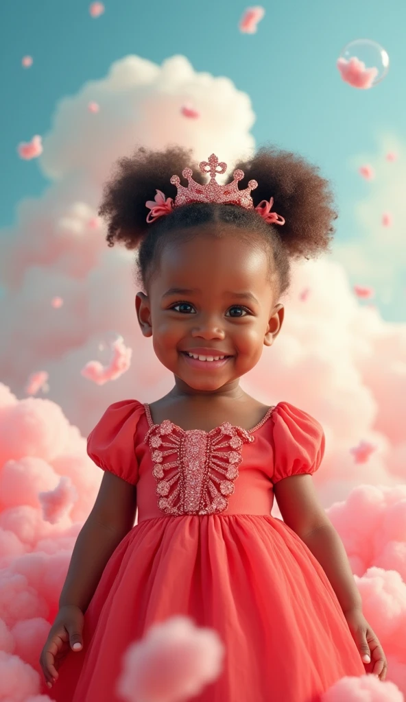 Beautiful 2year old black baby girl wearing a red short ball gown sitting on a bed