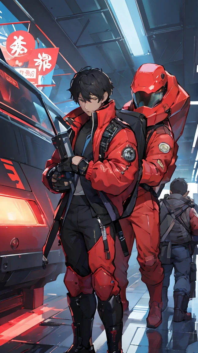 there are two men in  uniforms standing next to a motorcycle, 受 Adrian Zingg 启发的 cyberpunk艺术, shutterstock,  conceptual art , dressed in tech suit and armor ,  cyberpunk服装,  cyberpunk, Network Service, Movie Blu-ray, 未来主义科技服装,  shooting in a space tech suit , 坐在 cyberpunk摩托车上, diverse Network Service, , , character design  man
