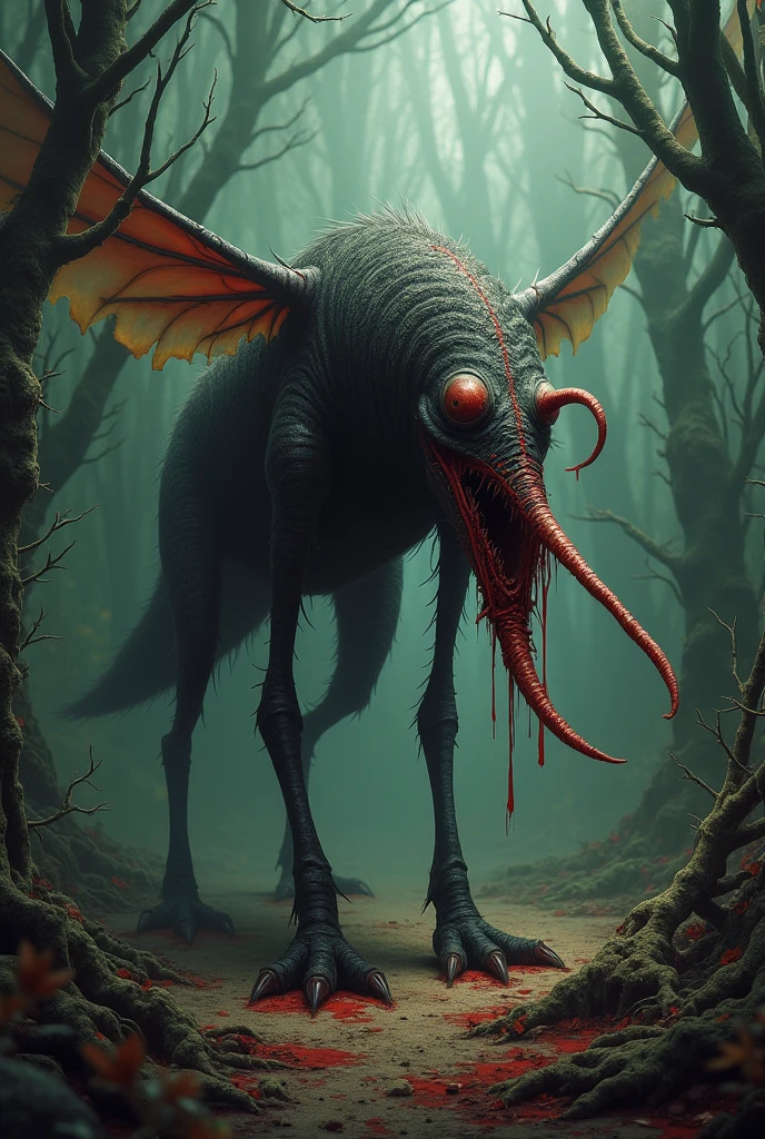 (((horror style))), image of a very tall and thin creature with two megaphones for a head, Trevor Henderson, hiding in the trees in a dark forest, rotten muscles, super detailed graphic, 4k resolution
