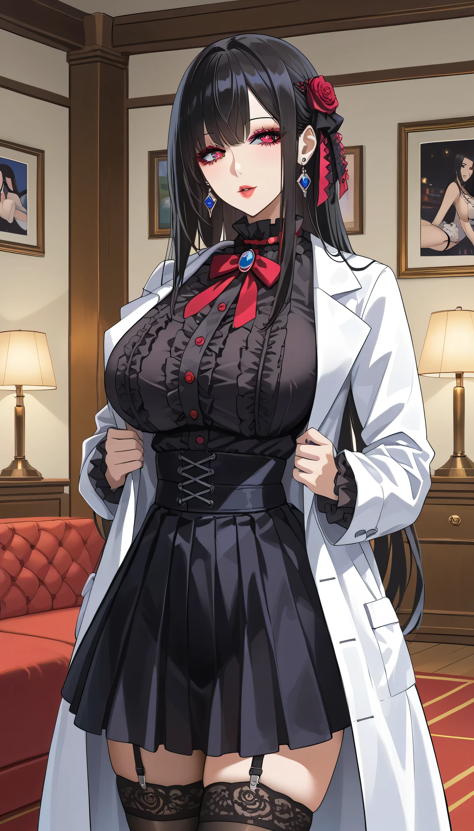  score_9,  score_8_up,  score_7_up,  source_Anime,masterpiece、 best quality, beautifully detailed eyes ,  Beautiful Detailed Lips、 highly detailed eyes and face,Unmotivated look、Apathetic face、 long breasts, 1 female, Put on a white coat、 Gothic ****ta Shirt Under a White Coat、Gothic ****ta Shirts 、Gothic and ****ta Skirts、gothic ****ta shirt、Gothic ****skart 、 Mini Skirt、 short skirt  , Big saggy breasts, shockingly  Big Breasts ,  Big Breasts , room,Big Breasts、 boobs 、 zitales, makeup、 no makeup、 black hair、 Long Hair、Smooth straight hair、 black stockings 、 garter belt 、黒の garter belt 