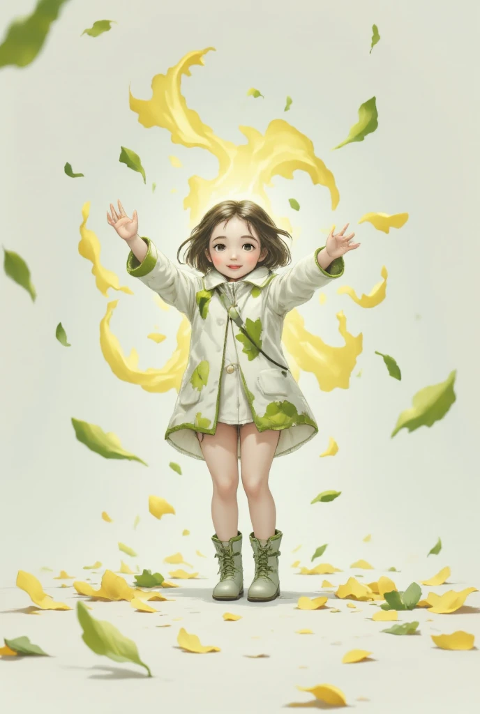 Transformation heroine anime  、  scene where one girl becomes a magical girl with the help of a daikon fairy、  smaller,  fine white petals falling like heavy rain  、  clothes designed with green leaves on white coat  、 light green leather boots  、  waving vigorously with both hands 、  Dynamic Posing  、 confident smile 、  daikon missiles flying all over the screen 。