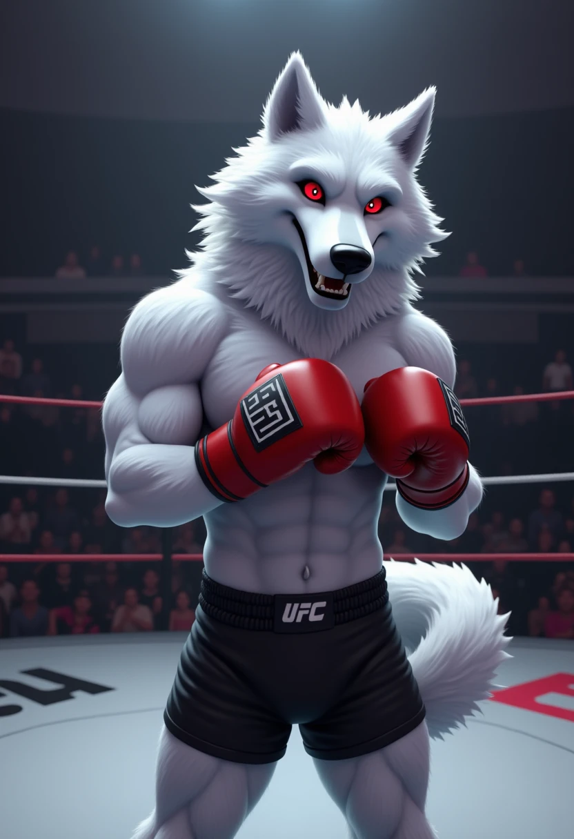 (source_furry,anthro,source_3D), white wolf Alone in a fighting ring Wearing boxer gloves. (Red eyes) Looking at the viewer, And those shorts that fighters wear in the UFC.