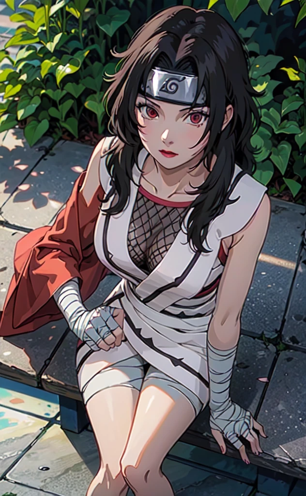 outdoors, lens flare, depth of field, bokeh, vanishing point, solo, looking at viewer,((masterpiece, best quality)), BREAK 
NinjaWhiteDress_KurenaiYuhi_ownwaifu,  
1girl, forehead protector, black hair, long hair, red eyes, makeup, lipstick, konohagakure symbol, red lips, large breasts,  
bandaged arm, fishnet top, bandaged hand, sleeveless, bandaged leg, cleavage, long sleeves, asymmetrical sleeves, single sleeve, vest,  collarbone, 
(sitting, from above)insaneres, absurdres,