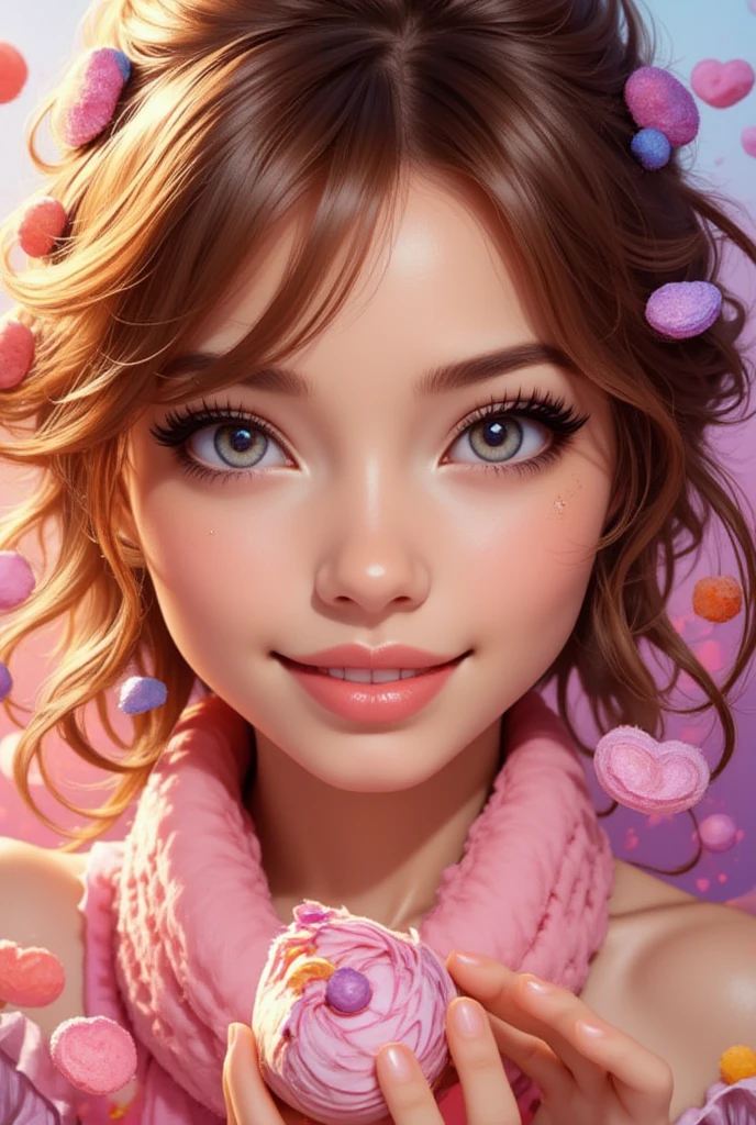  Beautiful anime girl ,  very detailed eyes and face,  long lashes,  beautiful lips in detail , держит candy ,  Surrounded by sweets , chocolates , candy ,  Colorful candy background , pastel colors,  soft lighting , warm colors, super detailed, 8 k,  High definition, masterpiece,  photorealistic