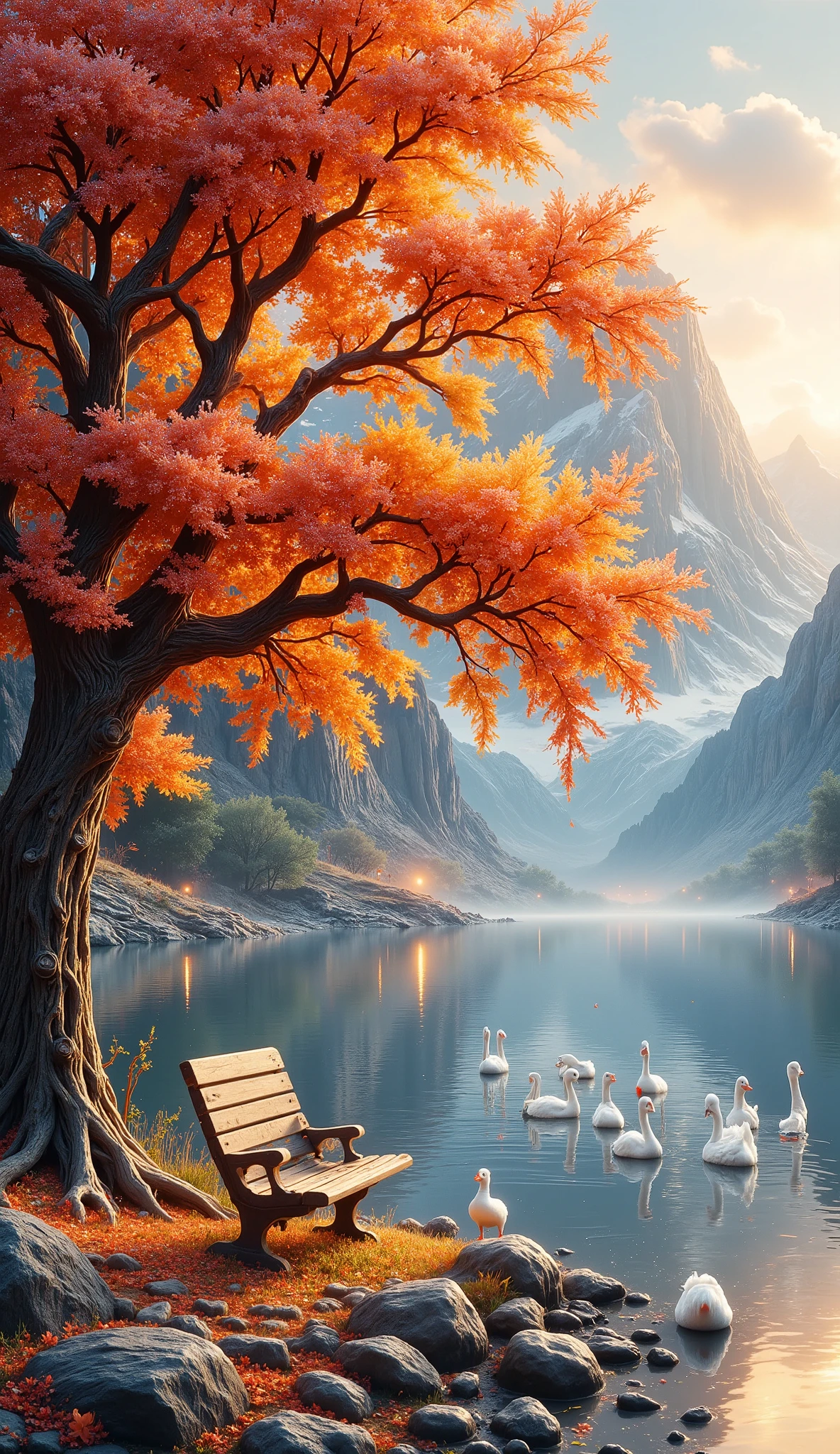 quiet lake,  photograph close up a tree on the shore of a lake, There is a bench ,  a beautiful lake reflecting beautiful mountains ,  at sunset , It&#39;s autumn,  the leaves of the tree in autumn colors ,  there are geese in the lake , chiaroscuro, depth of field, cinematic lighting, motion blur, UHD, Retina,  masterpiece , Accurate, Super detail, high details,  high quality ,  award winning , best quality, highres, 1080P, HD, 16K