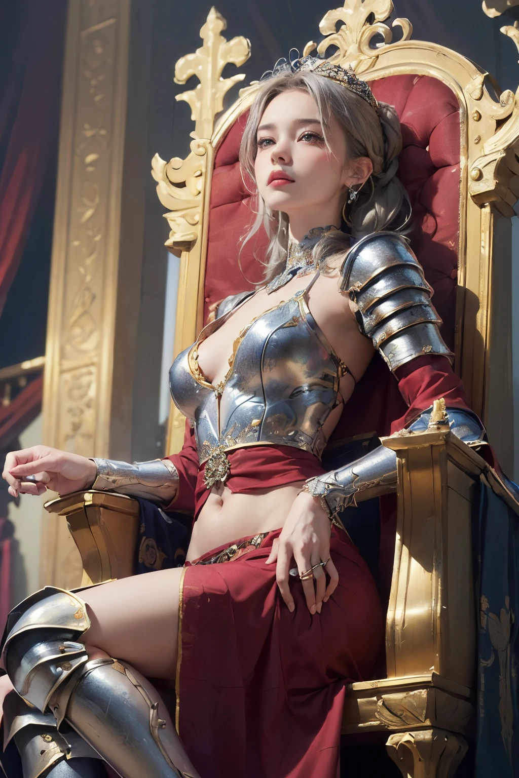 beautiful, masterpiece, best quality, hiqcgbody, anime, 1girl, sam yang, shoulderpad armor, fur lined cloak, large breasts, gold diadem, silver hair, middle parted bangs, looking at viewer, detailed rugged texture, red lipstick, ultra detailed, winter, intricate details, red gem, full body, entire body, throne, sitting, wallpaper, 8k, muscular, abs, queen, full iron armor, red wine glass on table, grapes on table, thicc, throne room, luxurious, multiple rings, rings on finger, rings in gold, rings with gems, rings in diamond, fingers accessories, satin cape, high heels, glossy skin, high stockings, stockings black, stockings see through, red eyes, red pupils, window, night sky, detailed face, photorealistic face, <hipoly3DModelLora_v10:0.5>, <sam_yang_offset:0.5>