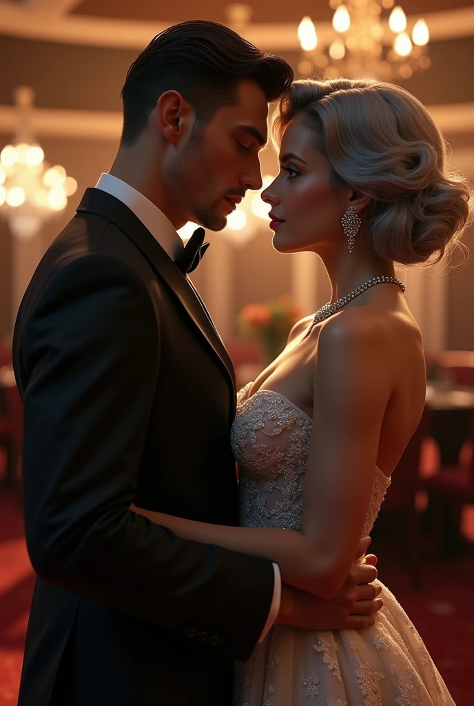 a man in a suit with black hair and a woman in a black dress with her white hair pulled back looking into each other's eyes