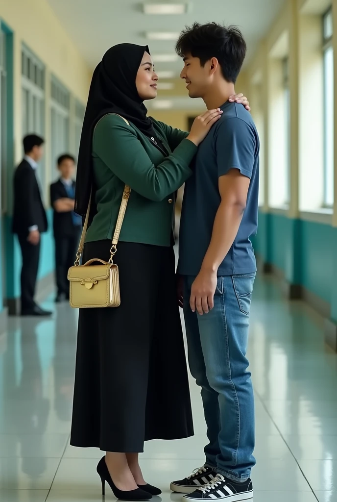 Black headscarf in class, barefoot in white long uniform, Sexy skinny female teacher kissing with a man. Other students touch the teacher behind her back.