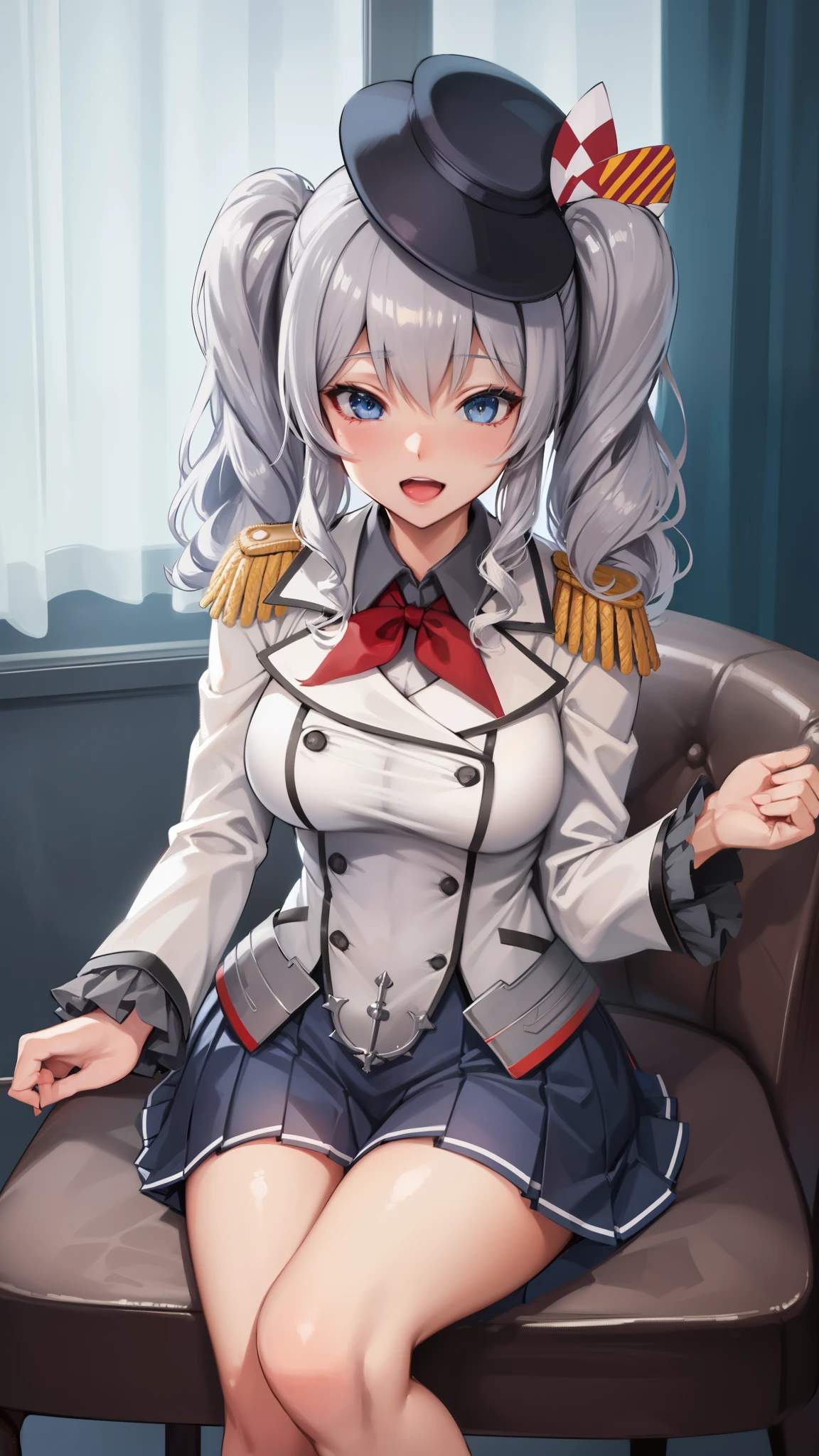 (((Squat)))、(((skirt lift)))、((White panties))、((cameltow:1.3))、(((Open your thighs wide to the left and right)))、(((Showing off your crotch)))、(((Arm behind head)))、beret、Open your mouth, Big Breasts ,Blue Eyes、Oblique eyes,BTPT-FC,Wide Hips,smile,Embarrassing, blush, Wide Hips,Open your mouth,Wavy Hair,alone,Kashima,Twin tails,Gazing at the audience,
Silver Hair,Tsurime,kantai collection, smile,,Wide Hips, highest quality,White jacket, Military jacket, uniform,Grey mini skirt,Pleated skirt,have,Squat,Squat,Showing off your crotch to the viewers,Open your thighs wide to the left and right,whole body,room,Neck ribbon,Ruffle sleeves