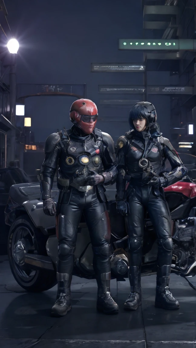 there are two men in  uniforms standing next to a motorcycle, 受 Adrian Zingg 启发的 cyberpunk艺术, shutterstock,  conceptual art , dressed in tech suit and armor ,  cyberpunk服装,  cyberpunk, Network Service, Movie Blu-ray, 未来主义科技服装,  shooting in a space tech suit , 坐在 cyberpunk摩托车上, diverse Network Service, , , character design  man
