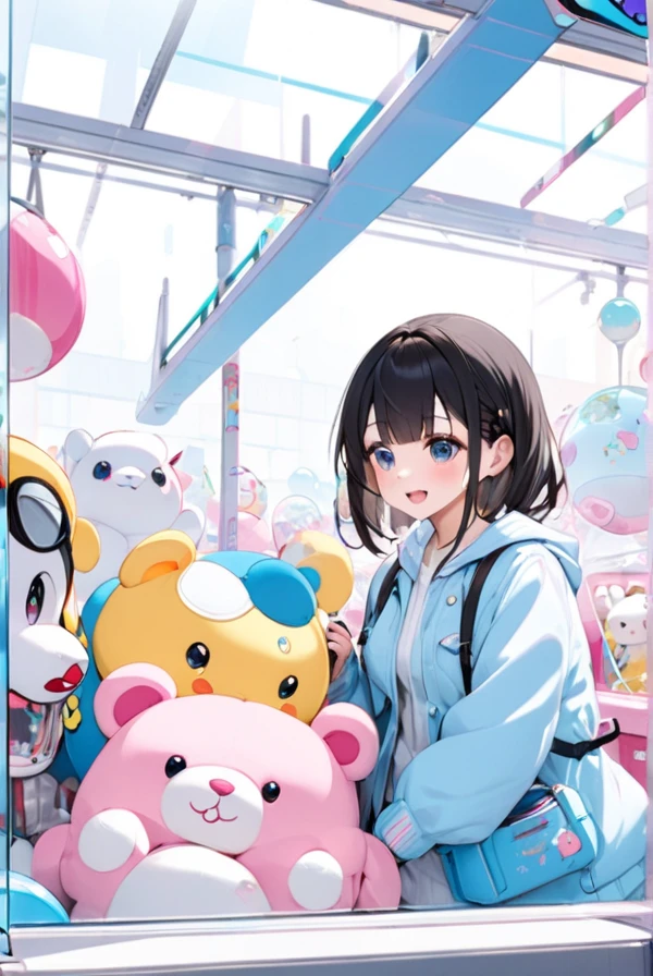 Game center, crane game, big stuffed toy, girl happy to get a prize,