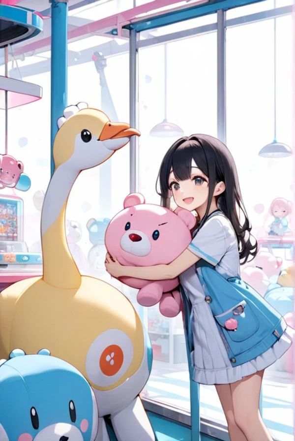 Game center, crane game, big stuffed toy, girl happy to get a prize,