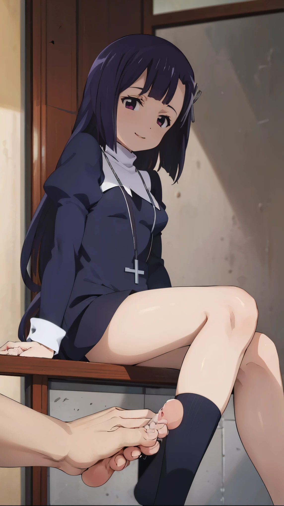 (((pixel-perfect, detail-perfect))), solo, 1girl, footjob, zange, nun, sleepy eyes, laughing, dynamic angle, sitting, knee up, leg show, black highsocks , sleepy eyes, smile, from side, looking down, looking at viewer, pov, view finder, foreshortening, foot focus