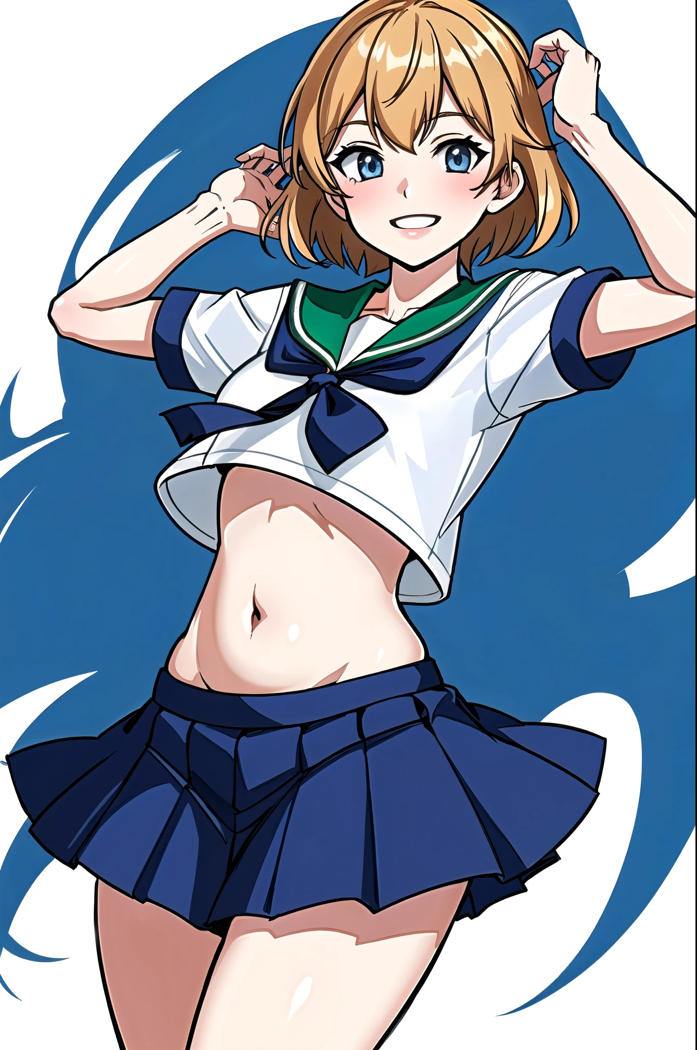 oboro \( fleet this kushon\),  one girl, Alone,  skirt, , Seraphim, blue  skirt, pleated  skirt,  white background,  sailor color ,  simple background, belly button,  show viewers , blue  sailor color ,  cowboy shooting, smile, abdomen, Short sleeve,  shirt, abdomen peek, white  shirt,  original,  complex details, shape,   Masterpiece ,   Highly Detailed CG Unity 8k Wallpaper , Highlights, polish, dynamic,  