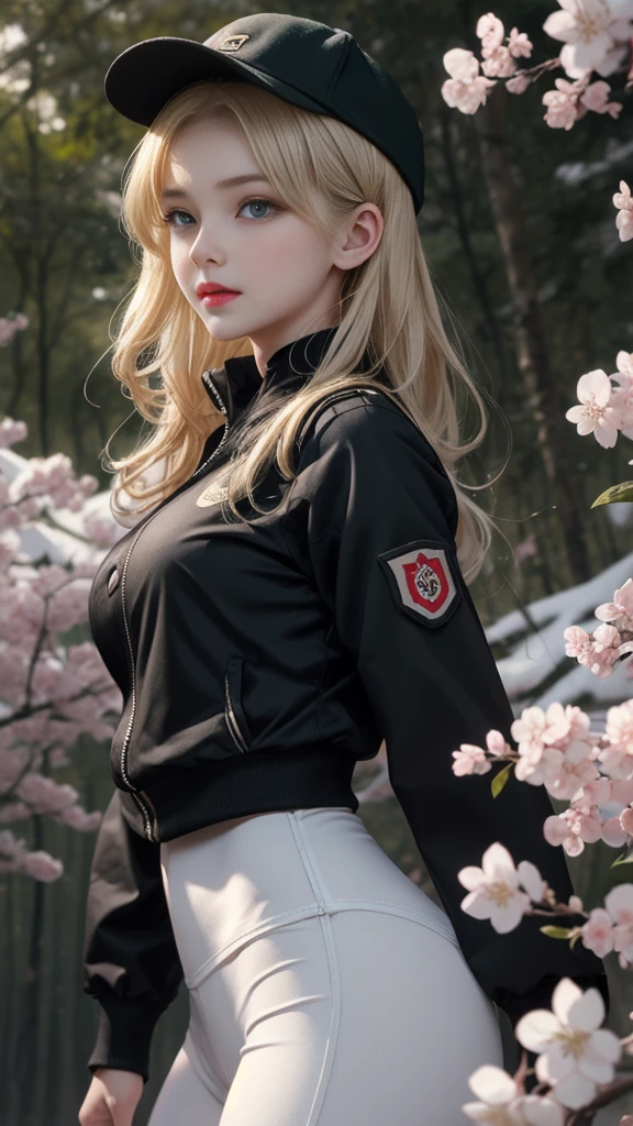 8K, top quality, masterpiece, high definition, ultra high definition, 1 girl, 18 years old, (wearing a white vacuum fluoroscopy uniform: 1.5), white miniskirt, solo, (full body), (blonde braid, bangs), (ponytail), black eyes, beautiful and delicate eyes, delicate skin, slim body, big breasts, thin thighs, legs in leather boots, dense forest, (front), looking up into the lens, lower abdomen, background blur, Focus on depth of field