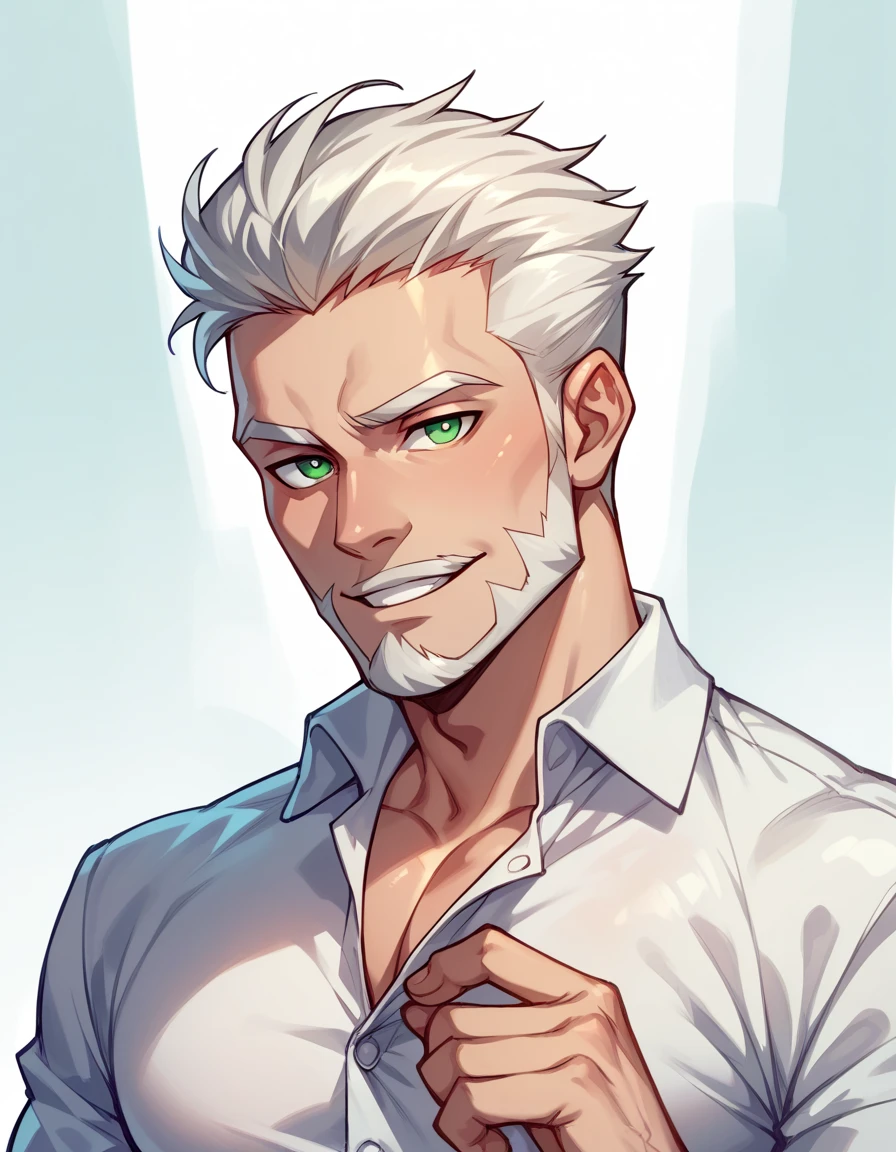 ( Mlp ) ,human Male , whiter Tied  hair Style   , Green pupils  ,small Beard  , white shirt Buttons 