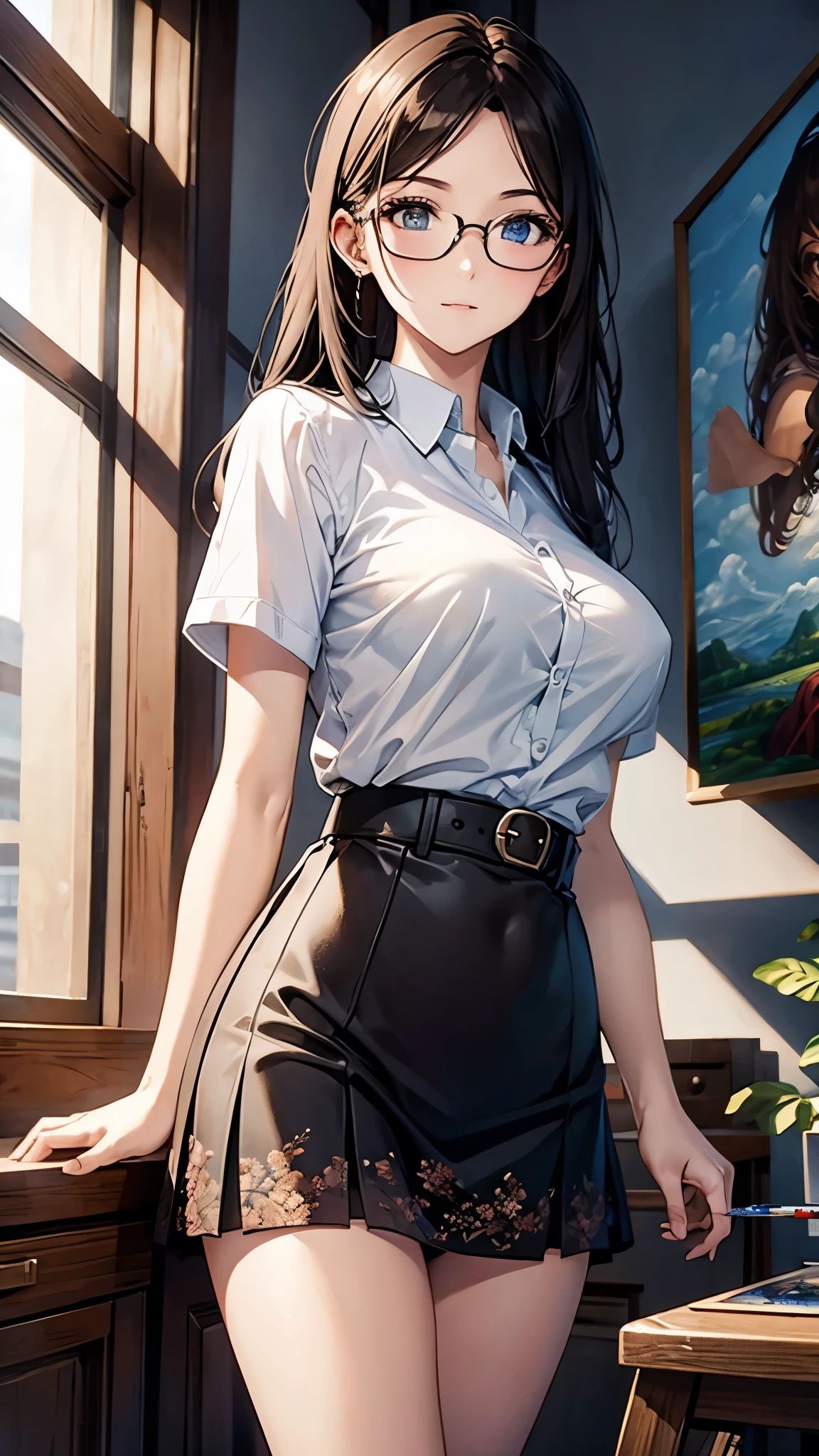 masterpiece, high quality, best quality, beautiful, HD, perfect lighting, Detailed face, detailed body, 1 girl, alone, (long gray hair), brown eyes, medium breasts, ((white underwear)), ((grey short skirt)), (Gray hat), in front of a cafe,