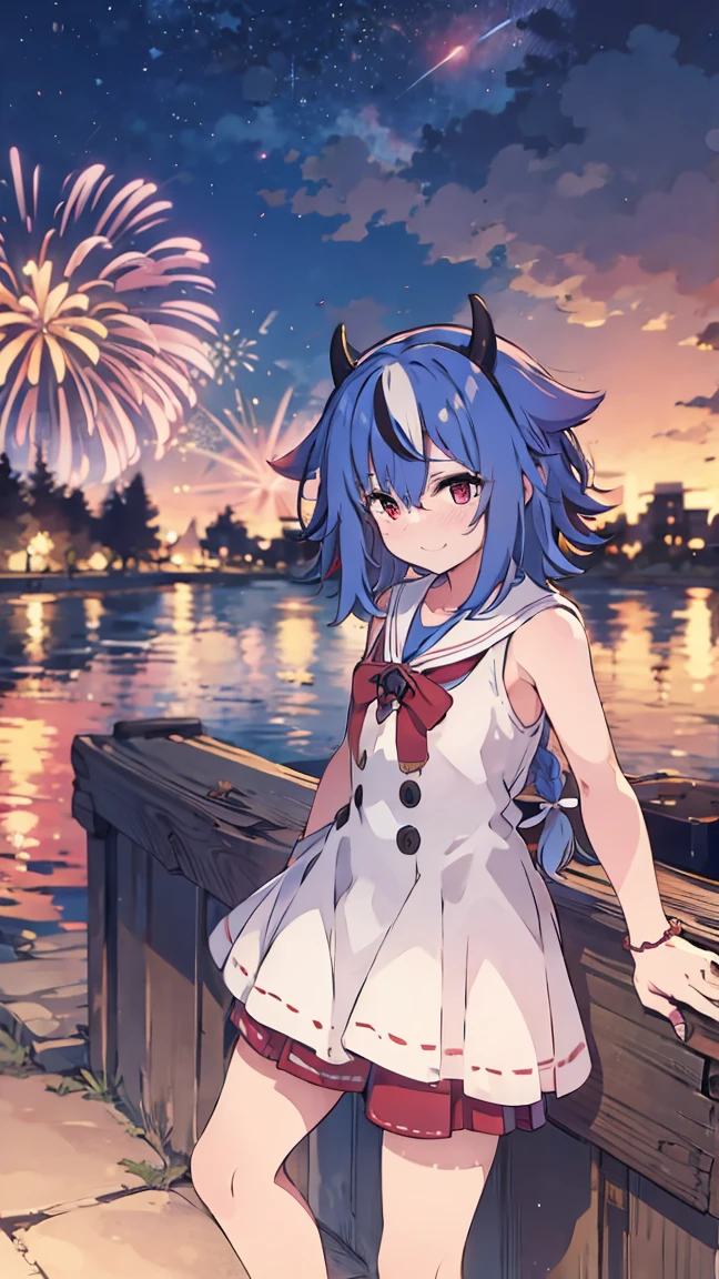 masterpiece,  best quality,  high definition ,  Very detailed,(((Mikoto Naruhana))), (((Multicolored Hair))), (((horn))), ((( pink eyes))), (((Summer clothes))), (((Around town))), (((Red handrail))), (((river))), (((night))), (((firework))), ((( laughing)))