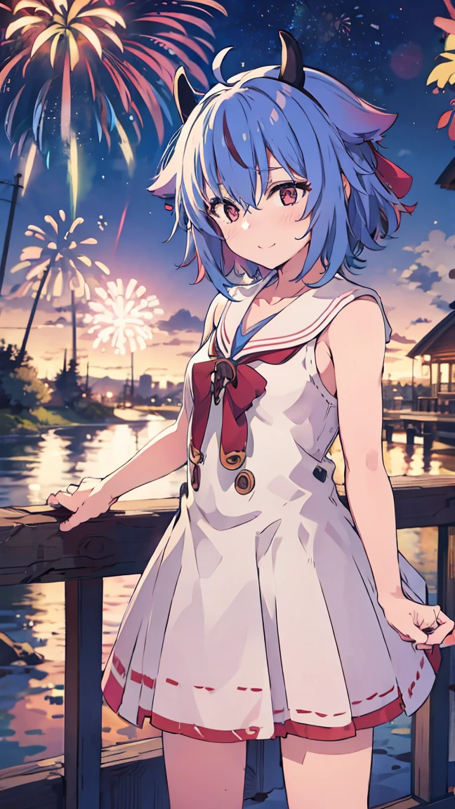 masterpiece,  best quality,  high definition ,  Very detailed,(((Mikoto Naruhana))), (((Multicolored Hair))), (((horn))), ((( pink eyes))), (((Summer clothes))), (((Around town))), (((Red handrail))), (((river))), (((night))), (((firework))), ((( laughing)))