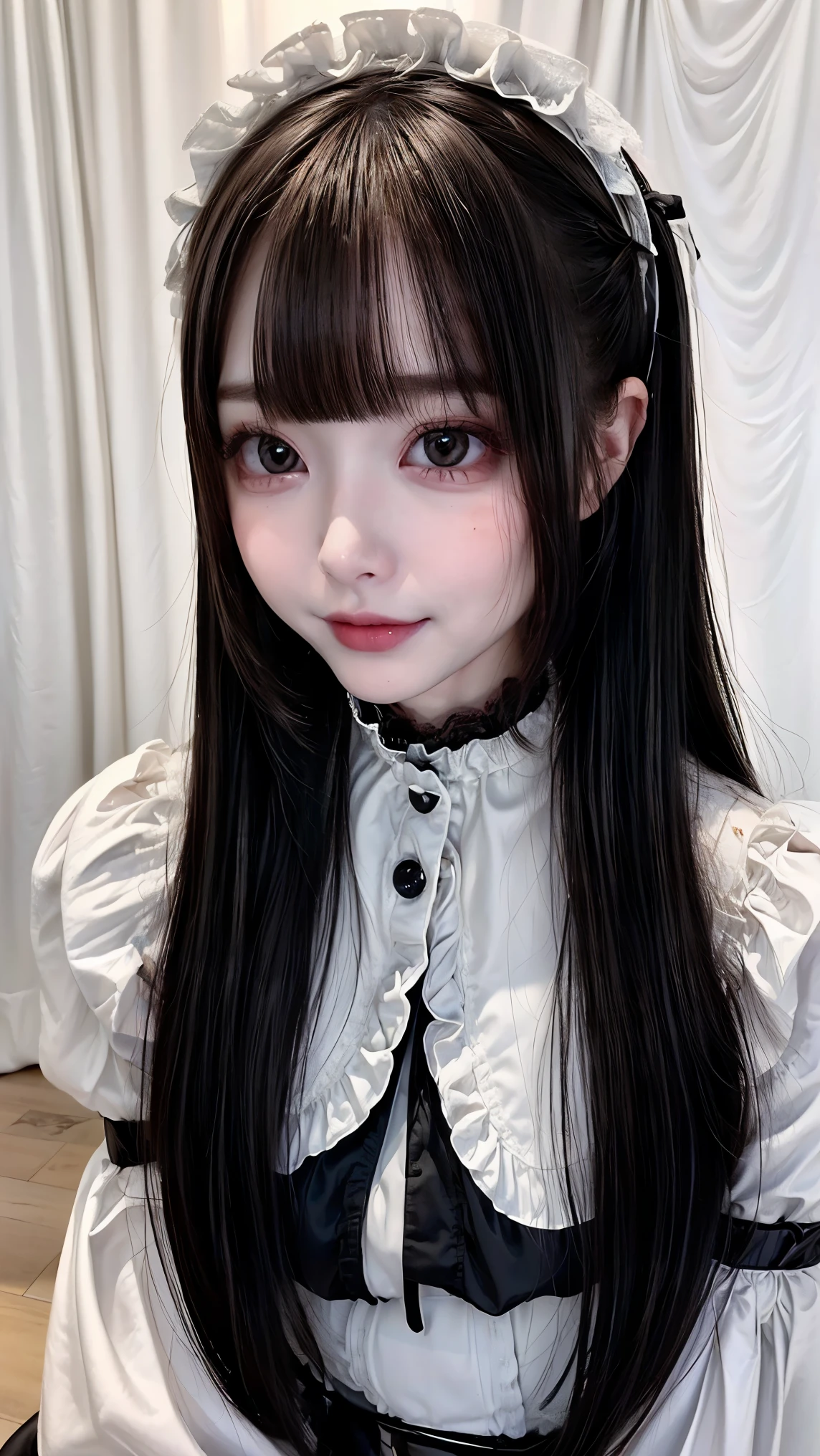 ( long bangs :1.5),(Young lady:1.3),(Look at your face up close :1.3),(Accuracy:1.4),(4K quality:1.3),( best quality:1.5),(Whitening:1.6),( Beautiful skin in NFSW :1.4),(10th Generation:1.5),(baby face:1.5),( Ultimate beautiful girl:1.5),(Arisa Hanyu:1.4),rich, upper body,smile,(Visuals are the best:1.3),(sound:1.6),(transparency:1.2),( gothic lolita:1.3),( deep v-line without strings :1.3),( jewelry:1.1),(Con Cafe),( supermodel ),( night viewの良いホテル:1.1),(luxury:1.2),(Arisa Hanyu:1.5),(Anorexia:1.4),( night view:1.3),( Face That Doesn't Make You Feel Dissonant :1.5),Catchlight,( An Extraordinary Beauty :1.2),(smile:1.1),( half up hair:1.3),( bright blue eyes ),(2D cuteness:1.5),(Cute Makeup),Beautiful fingertips,( pretty white skin :1.3),(Light hits the subject:1.3), best shot