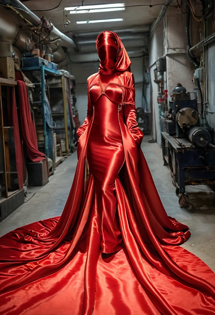 a sexy a woman covered in large red satin cloth, tied tightly with the satin cloth, mummified, the satin hanging down very long, a mermaid style dress, wearing a satin hijab, the satin cloth is very long, forming the curve of the body, wide and dramatic satin fabric tail , full body pose, see camera, masterpice, 4k resolution, ultra-realistic, highly detail.