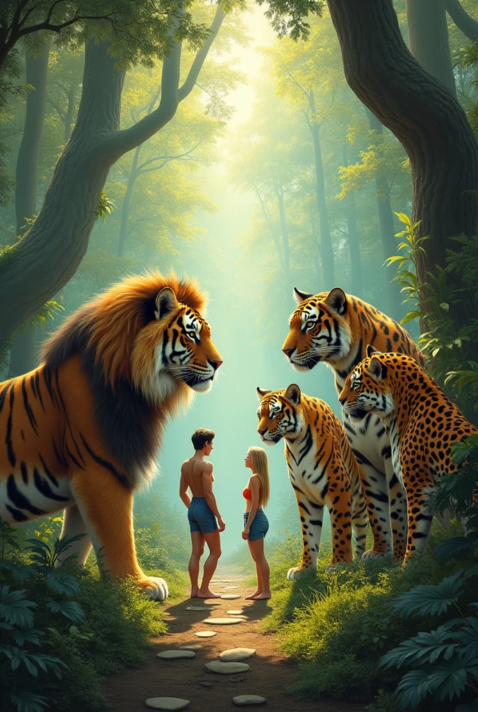Lion, three children, lioness, frame background