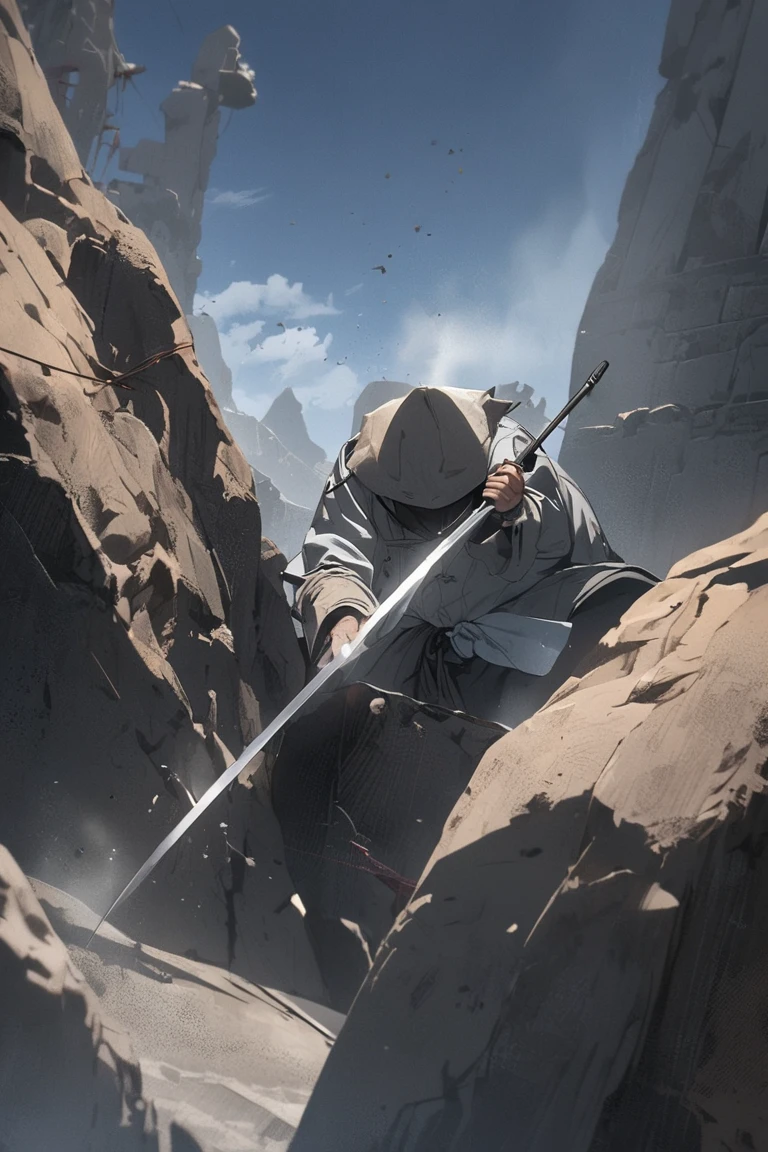 ancient wind，Fairy air fluttering，The background is a cliff with heavy snowfall，A man in white covered in blood lay on the leg of a man in black