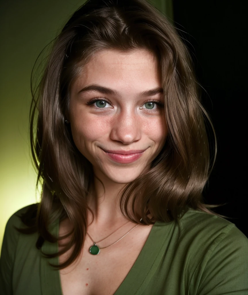 photograph, close up, young woman with long hair looking at the viewer, At night, with a wide smile, wearing a green shirt, comforting , Careful, beautiful, beautiful, in a dark room,  realistic skin texture ,  skin pores , natural light,  warm colors ,  best quality, high resolution, detailed  