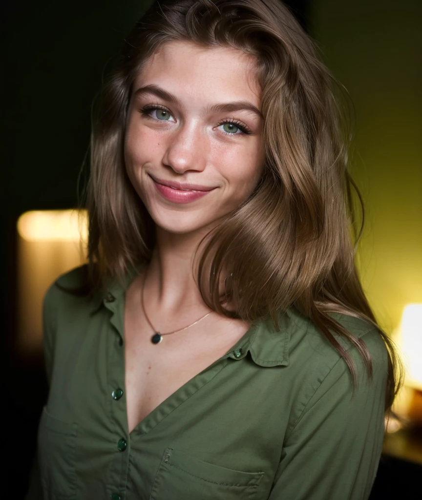 photograph, close up, young woman with long hair looking at the viewer, At night, with a wide smile, wearing a green shirt, comforting , Careful, beautiful, beautiful, in a dark room,  realistic skin texture ,  skin pores , natural light,  warm colors ,  best quality, high resolution, detailed  