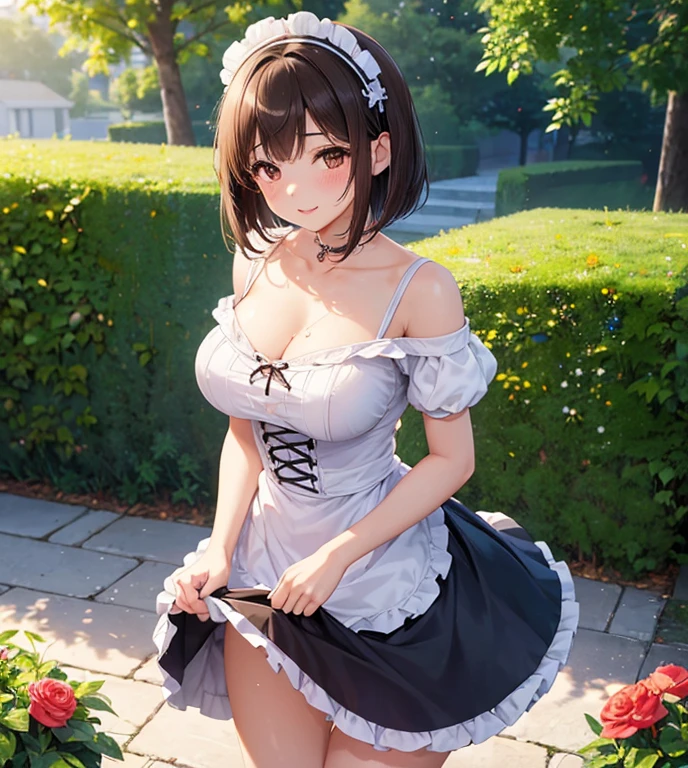 Delicate Composition, hyper detailed, best quality, blurry foreground, dynamic view, 1 girl, (seductive smile:0.6), solo, breasts, thighhighs, hair in takes, aichan, from above beautiful detailed garden, fluttered detailed petal, grow, kneeling