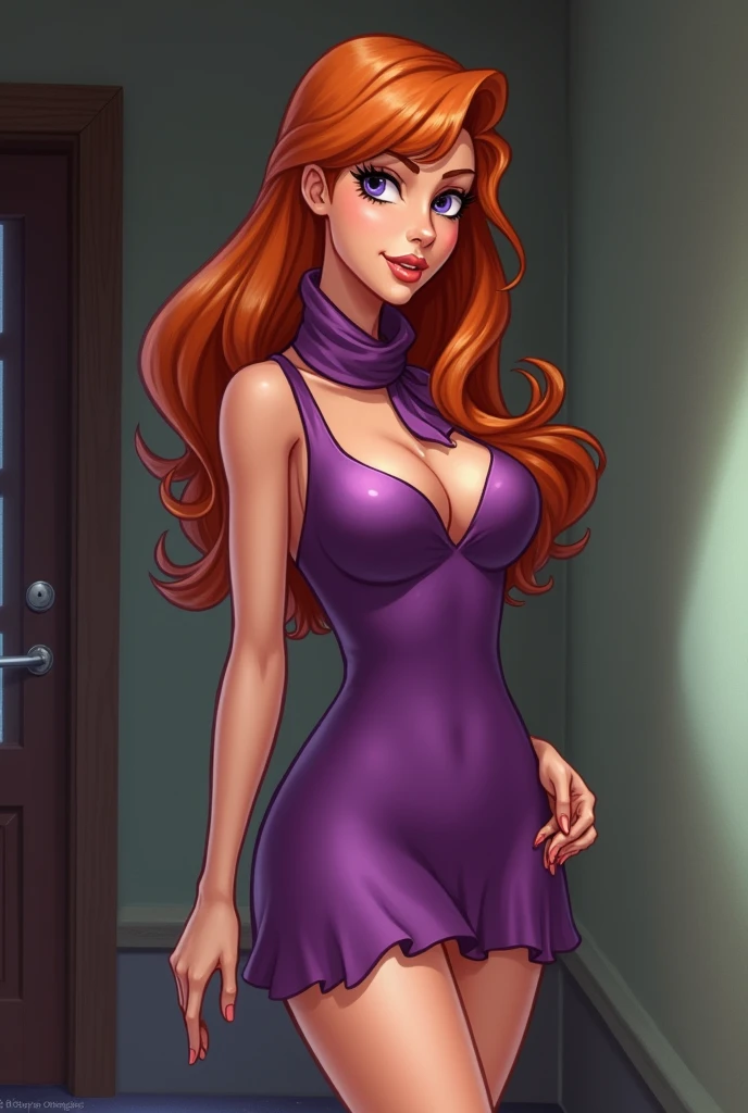 daphneblake, ((orange hair, long hair, bangs, purple headband, glowing blue eyes, lipstick, makeup, narrow waist, skinny, medium breasts, alone)), pelvic curtain, ((violet dress,wedding dress, Scooped up the ass, gloves)), full body, perfect body, (insanely detailed, beautiful detailed face, masterpiece, best quality) , (((solo))), (((1girl))), (((mature))), (extremely detailed 8k paper CG wall unit: 1.1), (wedding, garden, dusk), (smile face for the viewer), big ass, from back, behind