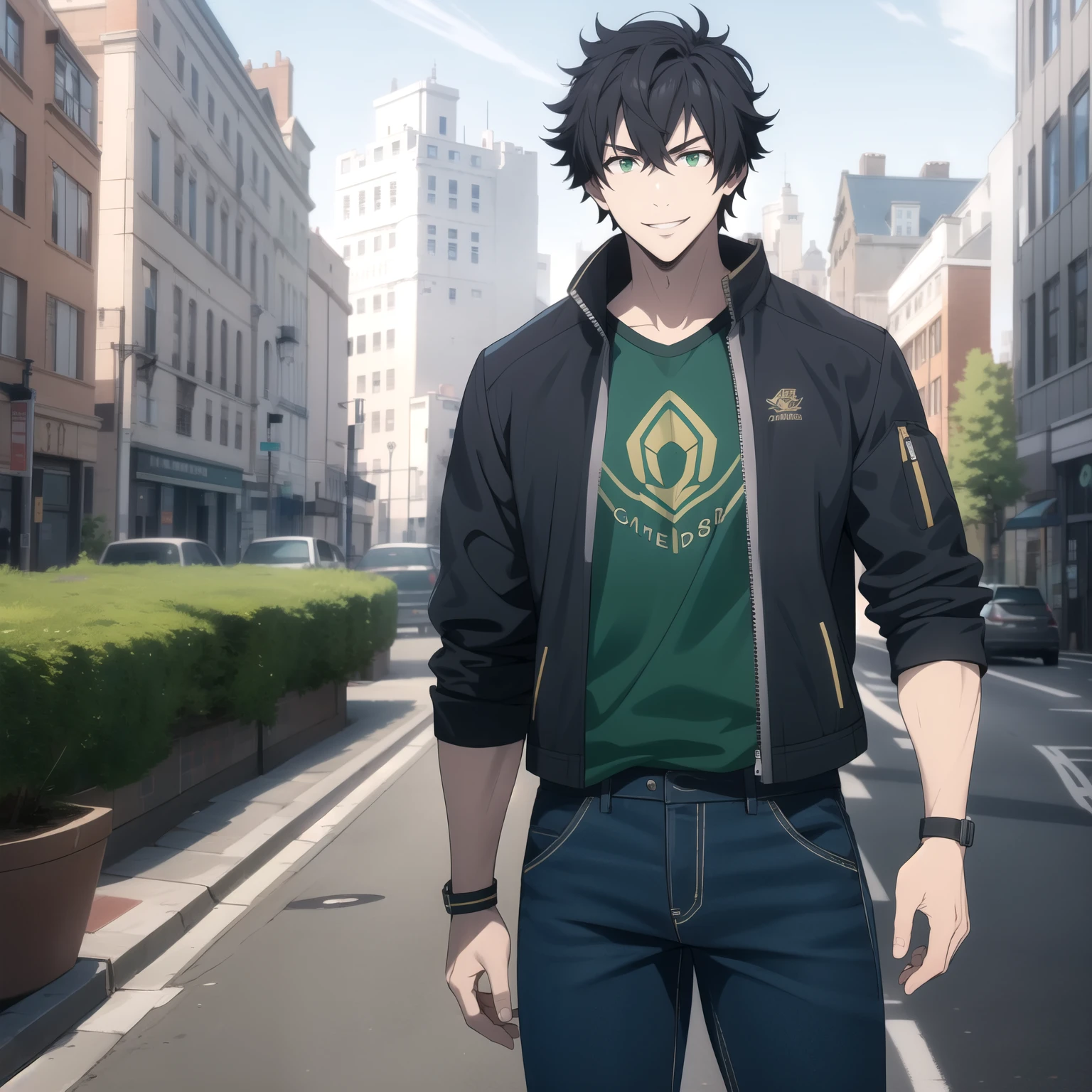  25-year-old male ,  attractive face .  Messy black hair  , emerald green eyes,  athletic physique ,  light smile base .  green t-shirt ,  black jacket ,  denim pants. background a city. 