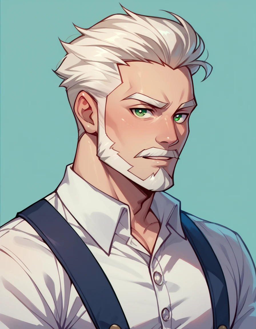 ( Mlp ) ,human Male , whiter Tied  hair Style   , Green pupils  ,small Beard  , white shirt Buttons  ,Suspenders 